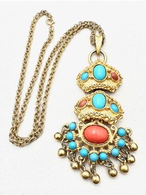 Vintage Egyptian Revival Blue and Coral
Cabochon necklace